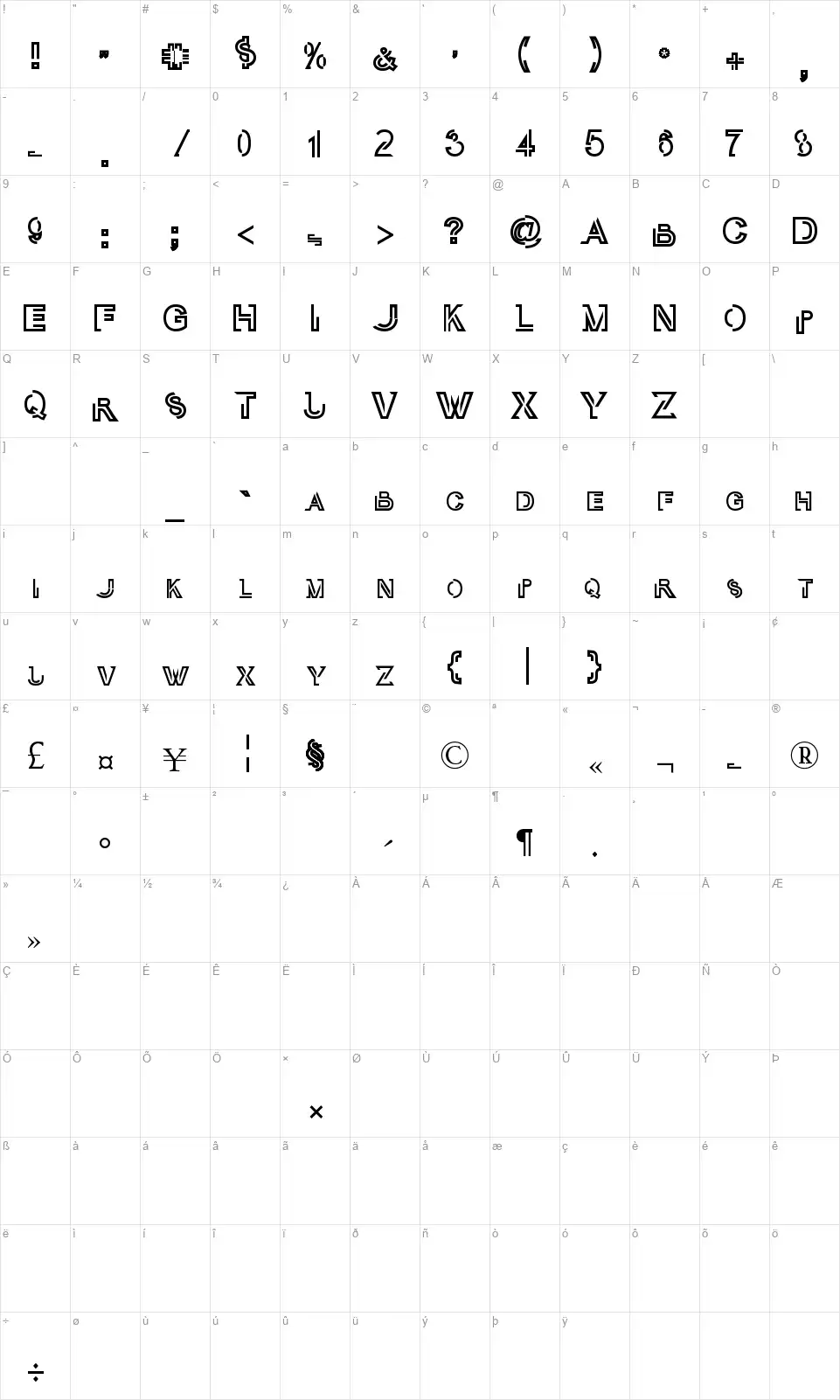 Oubli Capfont character map