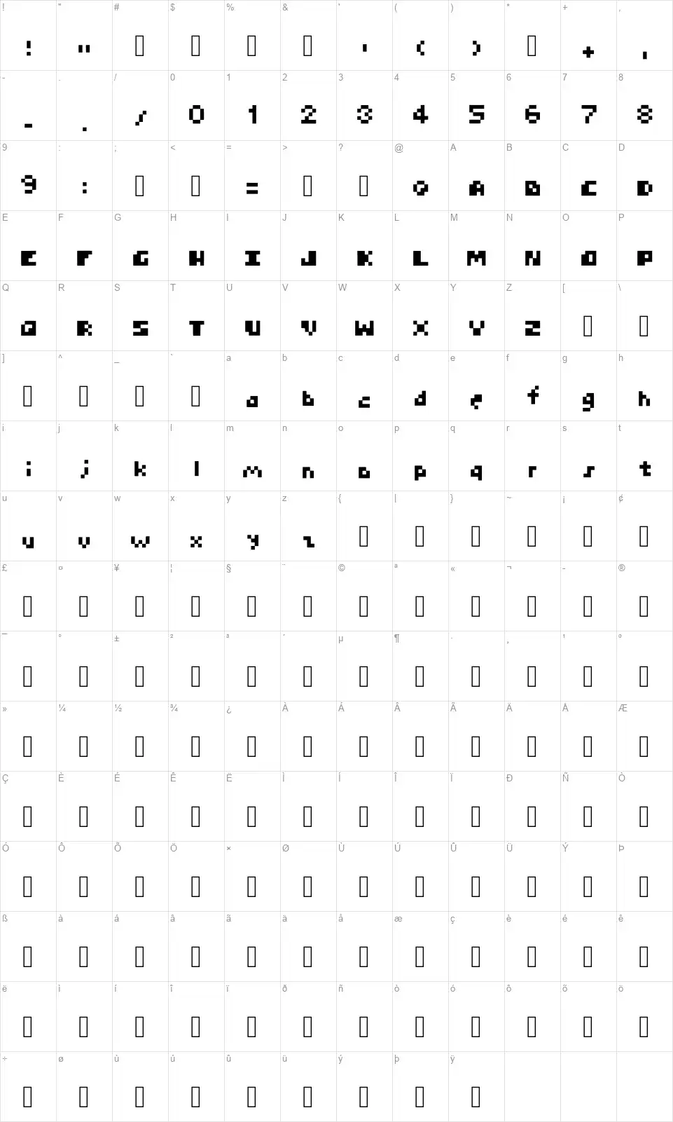 Pcsterryfont character map