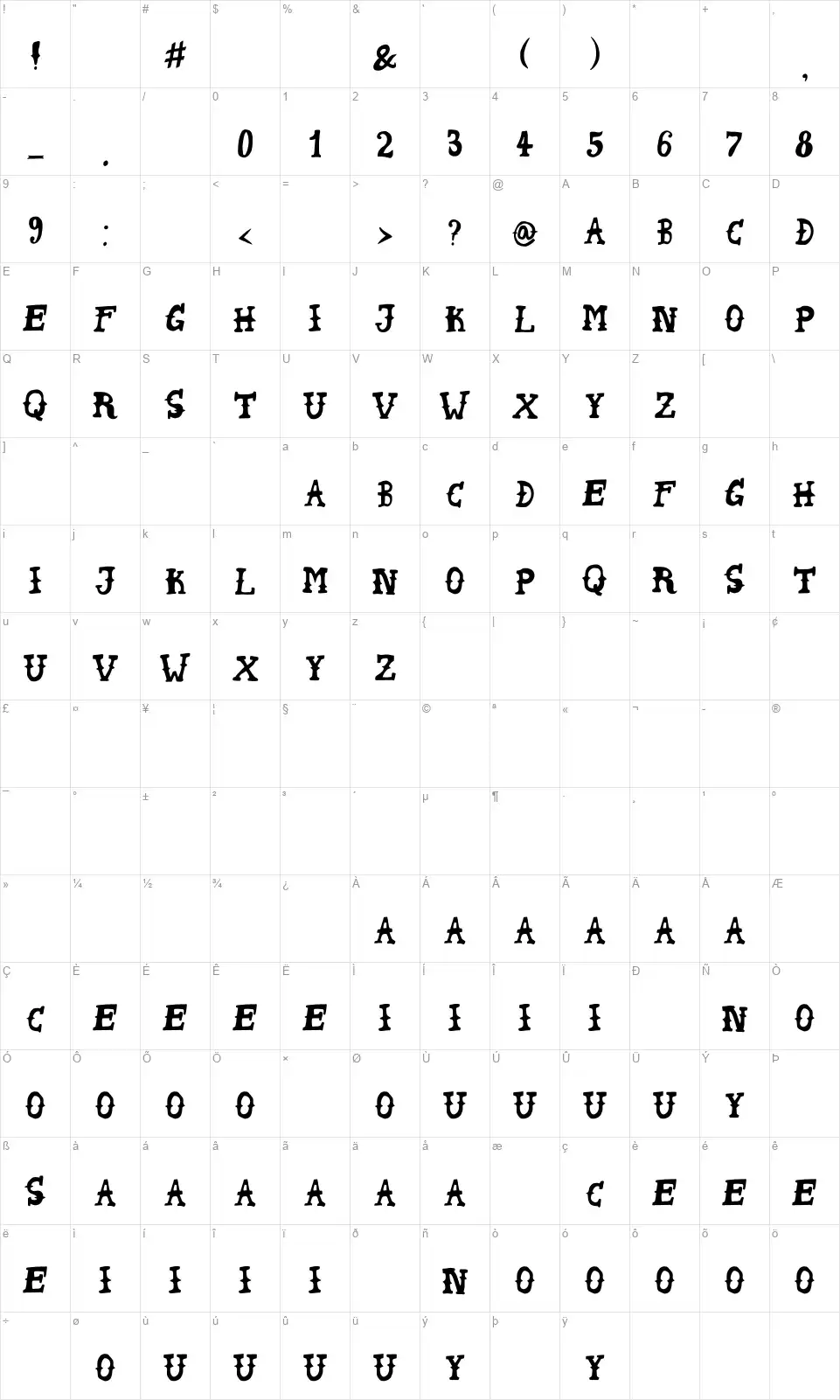 Peyote Handwritefont character map