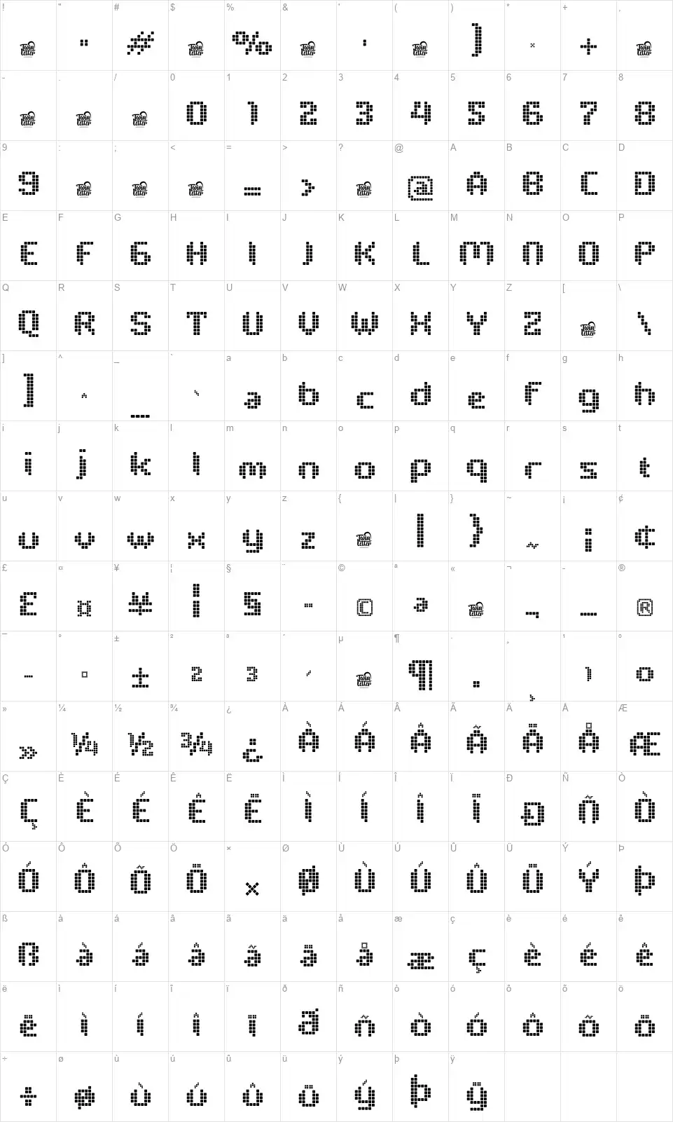 Pixelyafont character map