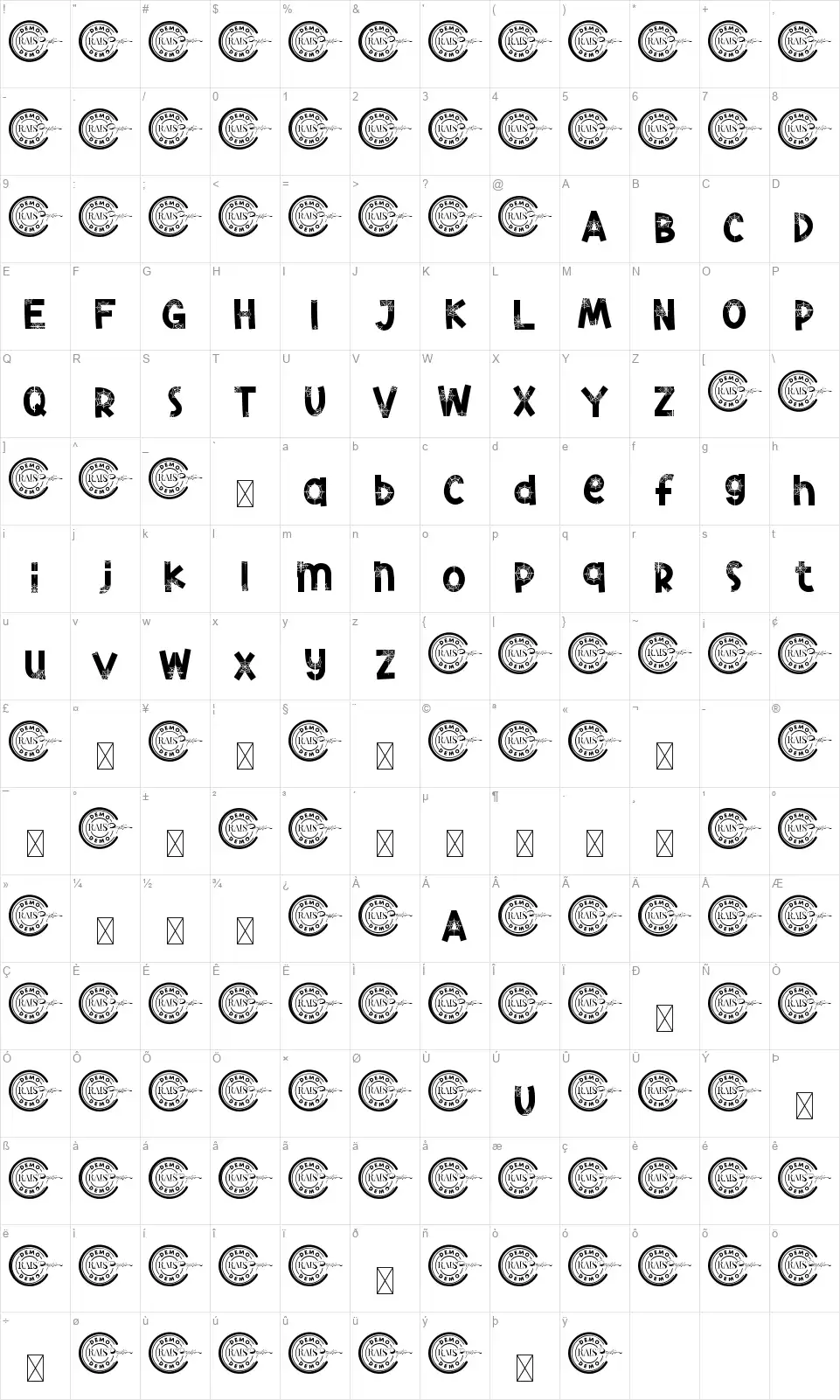 Red Spiderfont character map