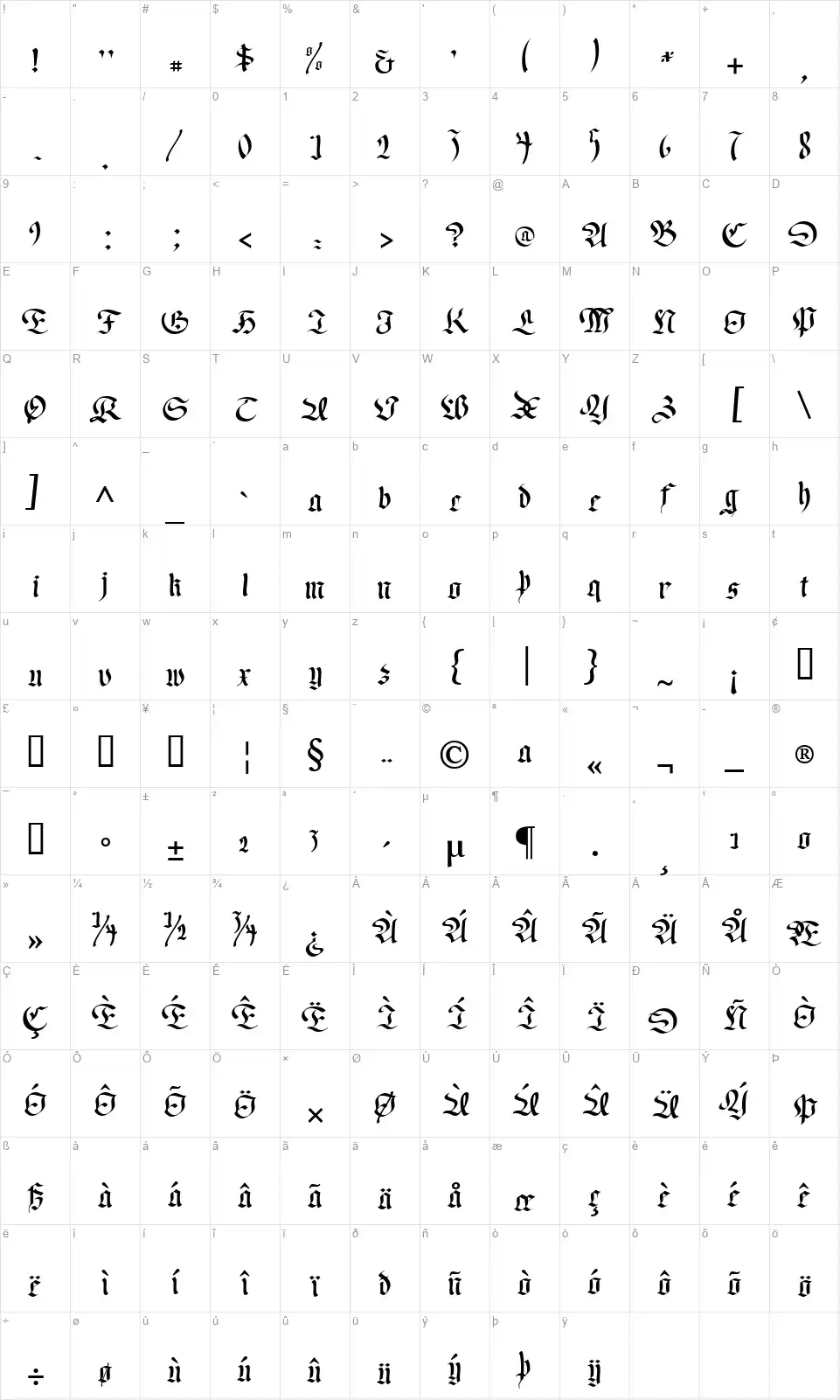 Regent UNZfont character map
