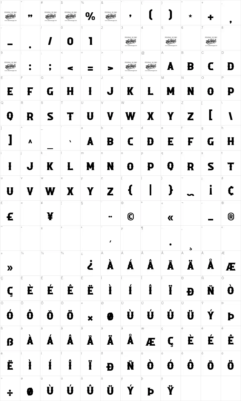 Roadstorefont character map