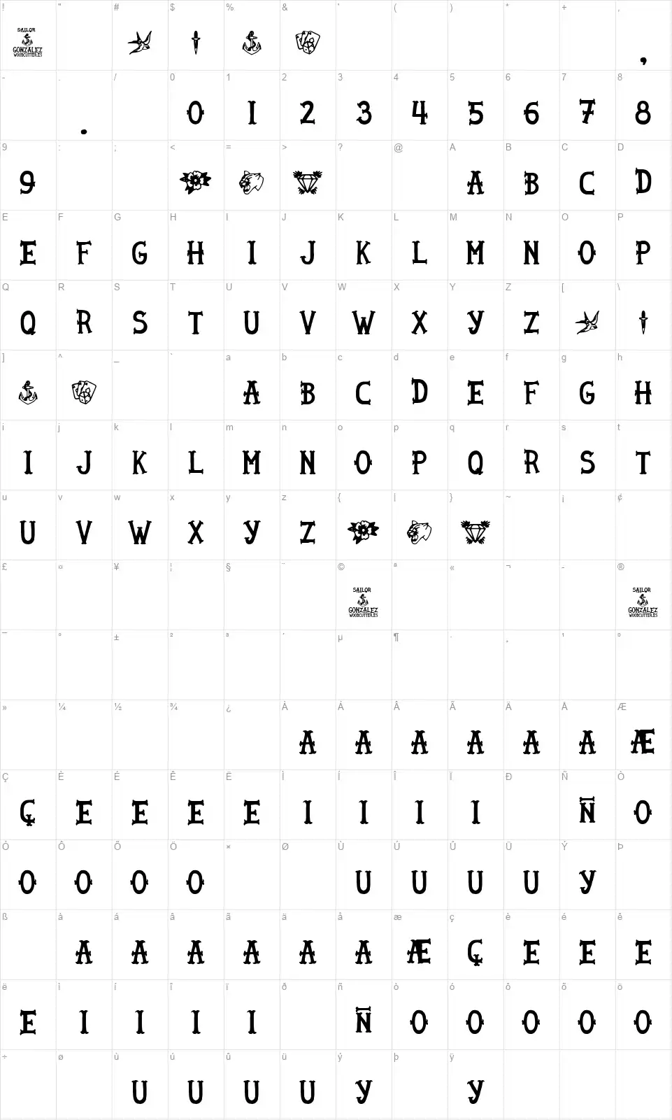 Sailor Gonzalezfont character map