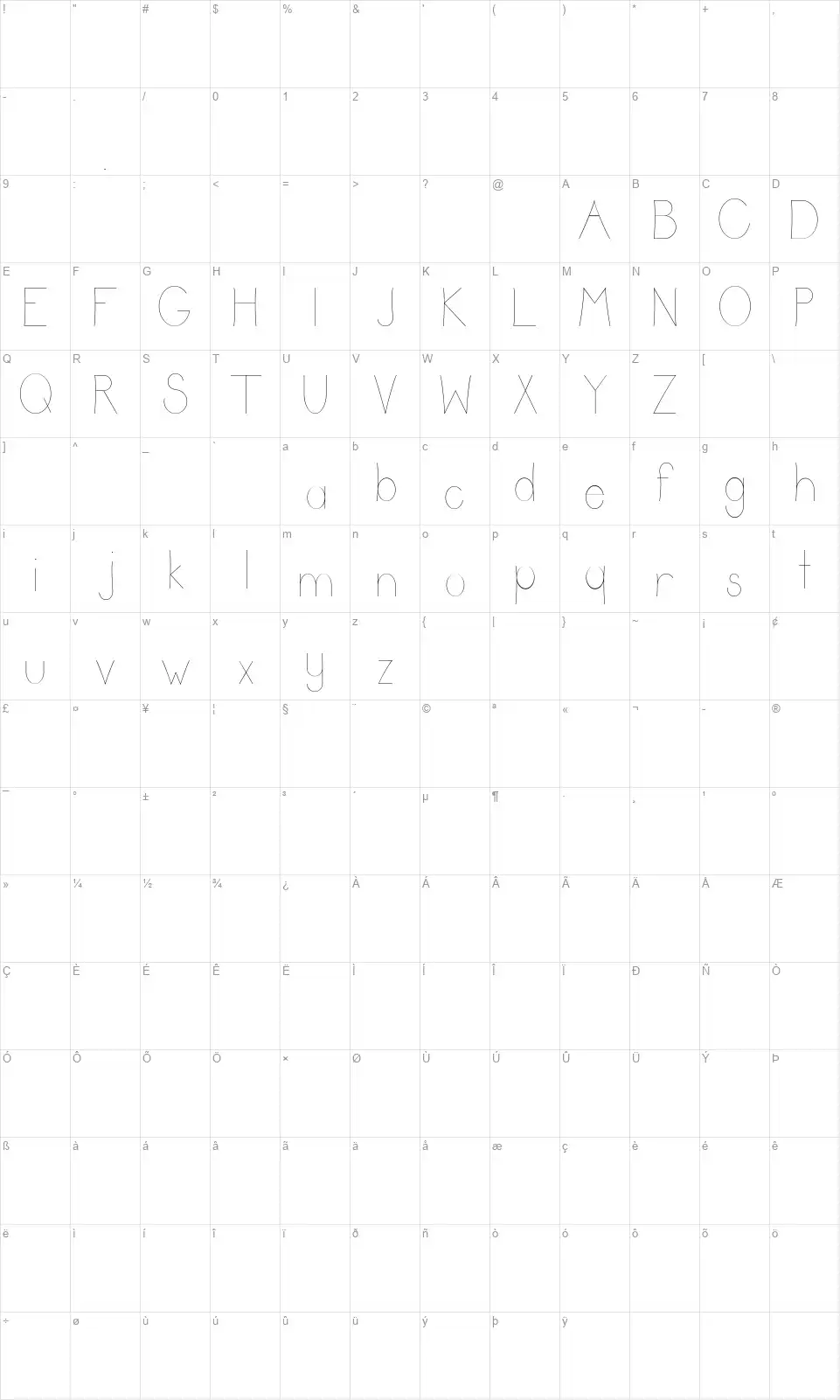 Satinfont character map