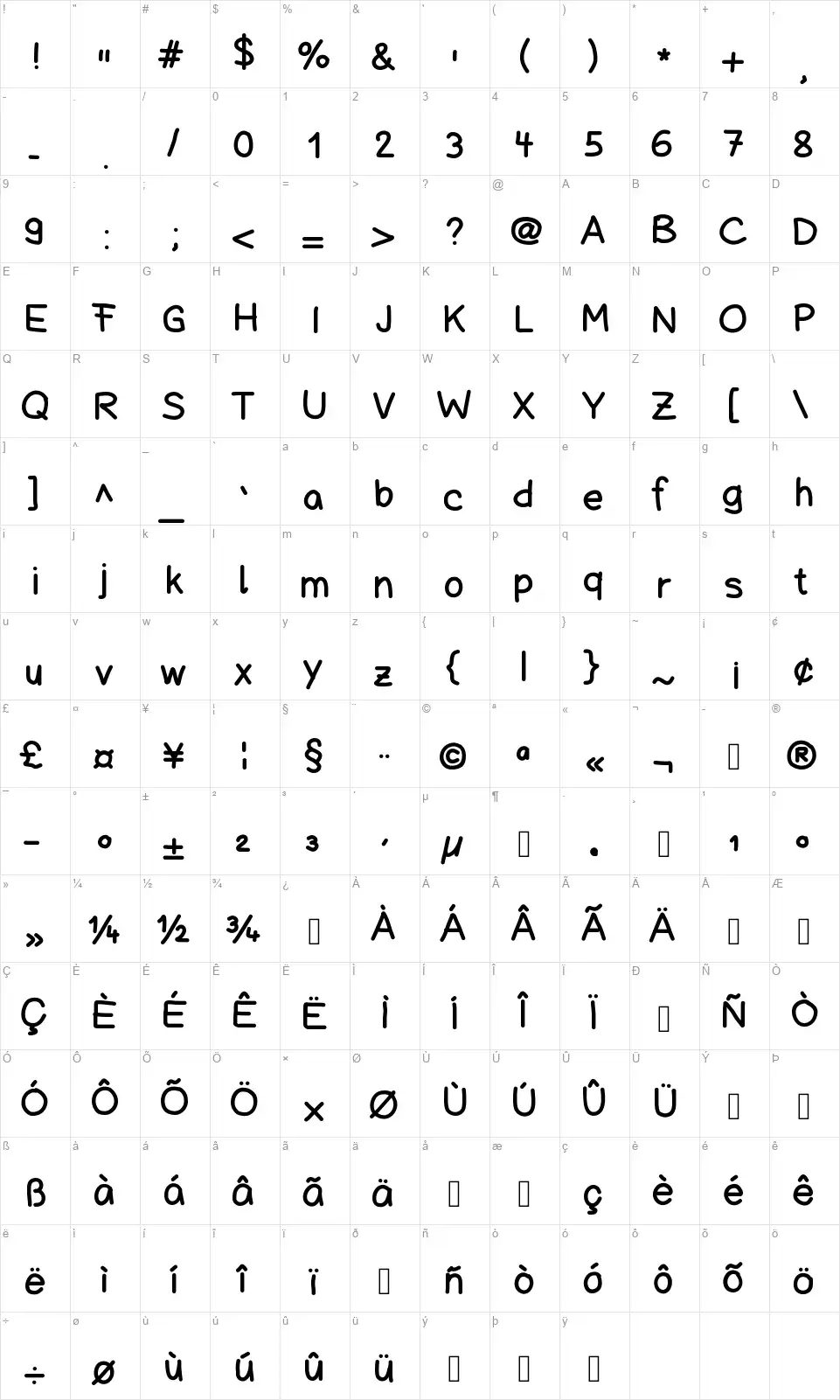 Schuboise Handwritefont character map