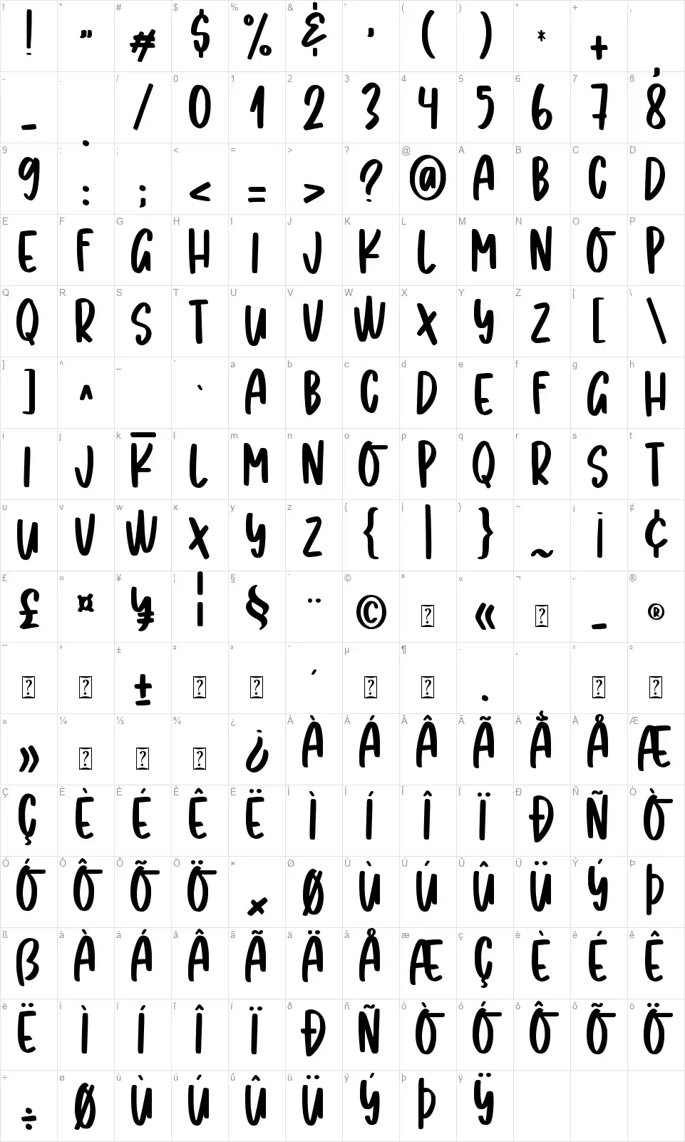 Shining Diamondfont character map