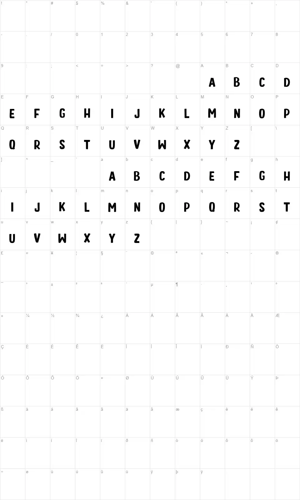 Simple Dreamsfont character map