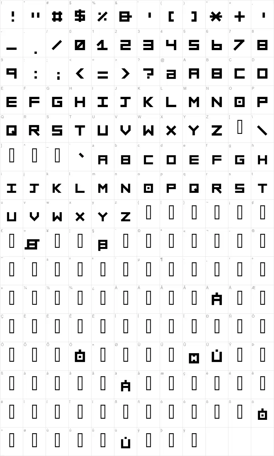 Sinnerfont character map