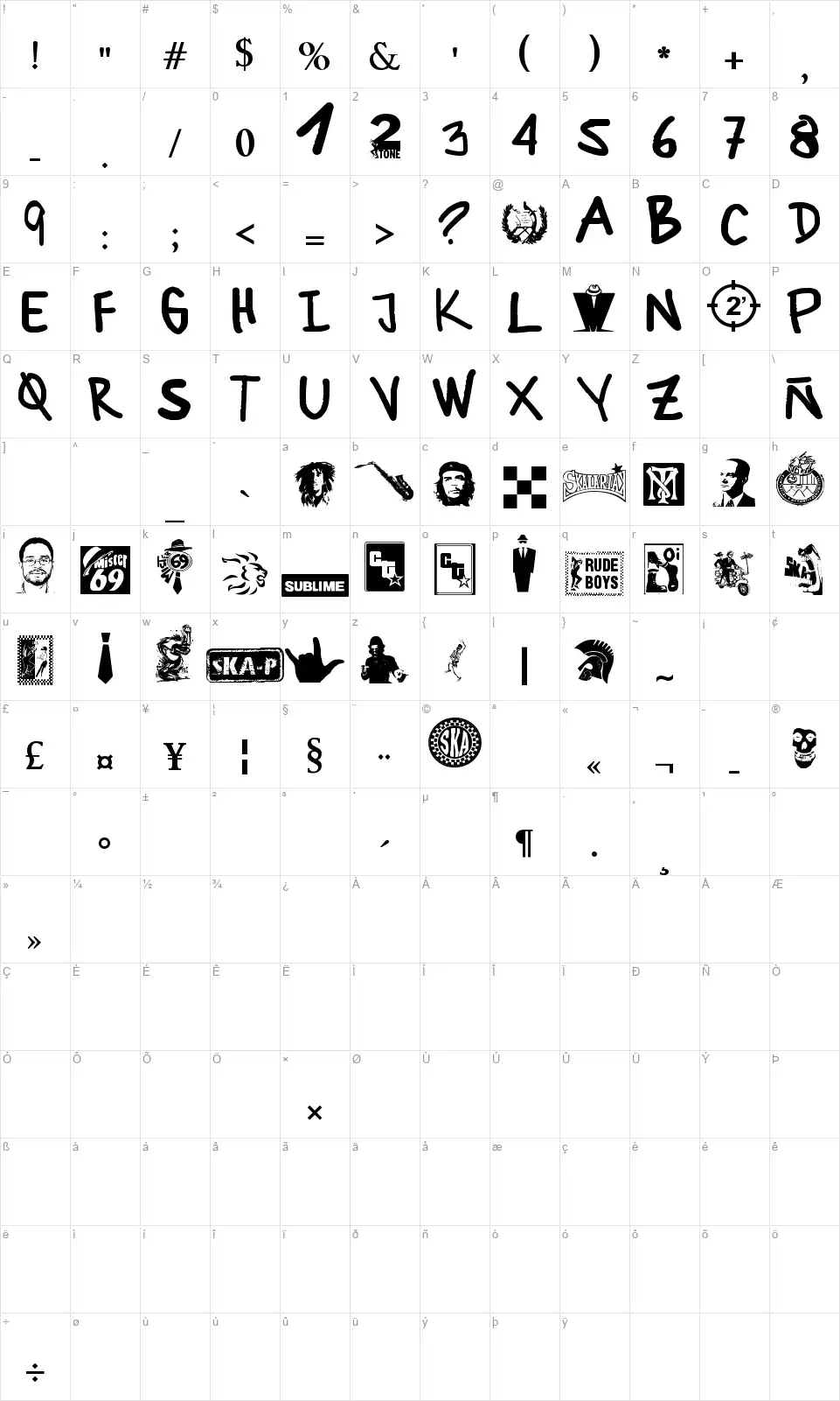 Ska+font character map