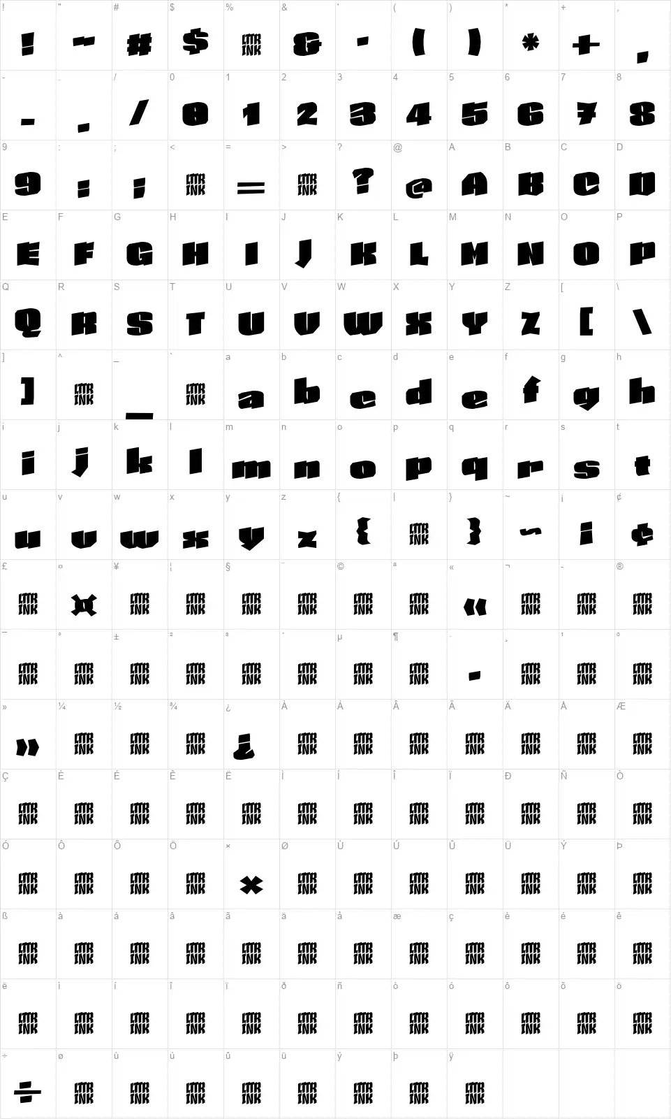Skeleton Type One Posterfont character map