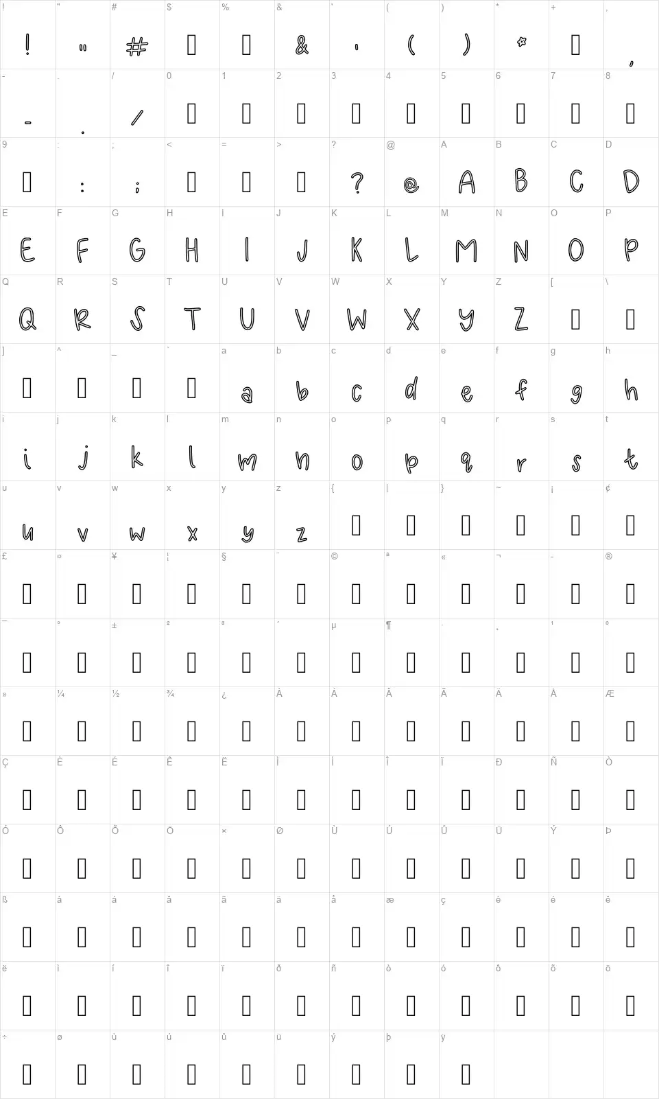 Skinny Outlinesfont character map