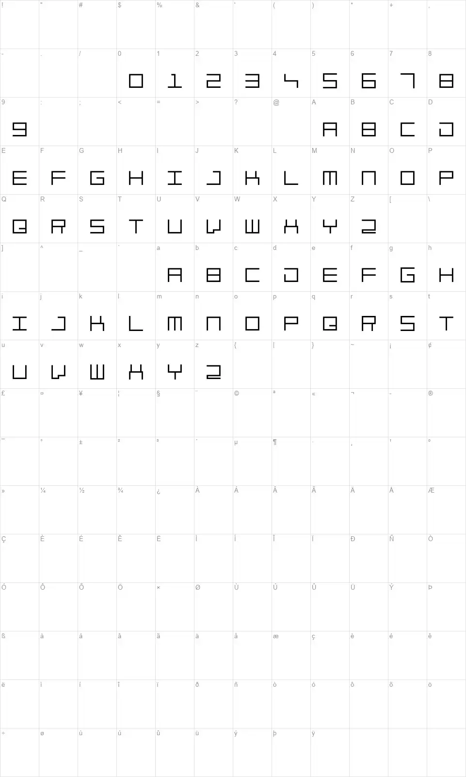 Skuarefont character map