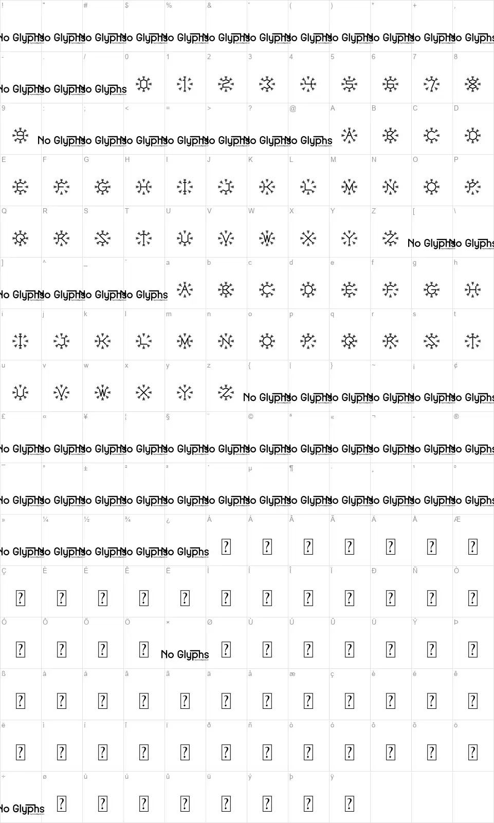 Snow Sticksfont character map