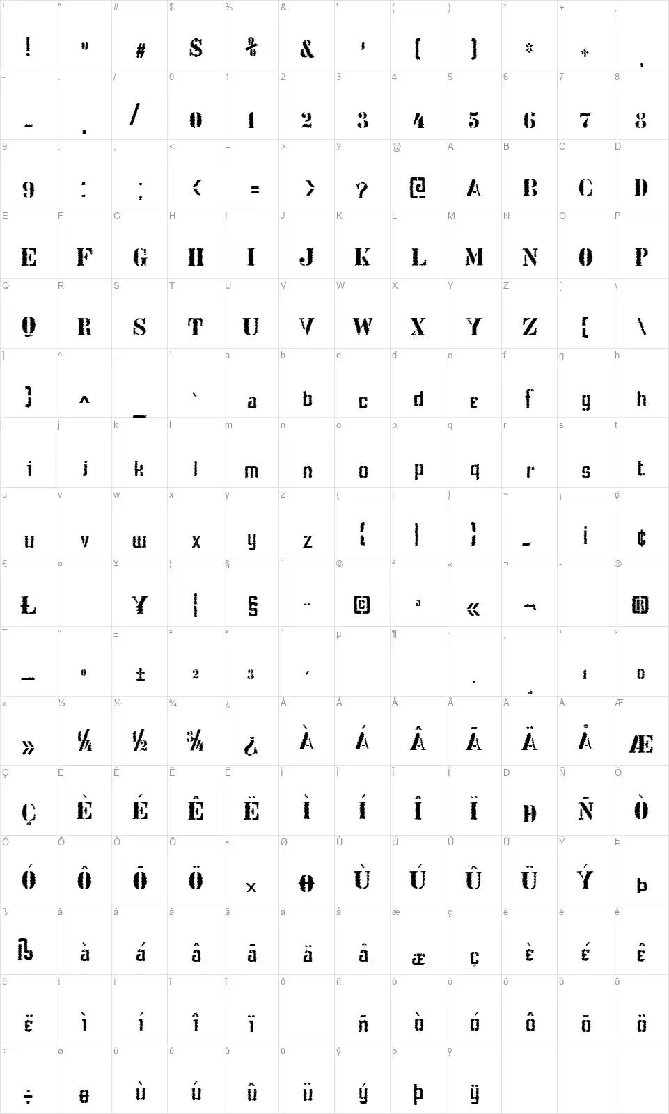 Stencil Intellecta Trashfont character map