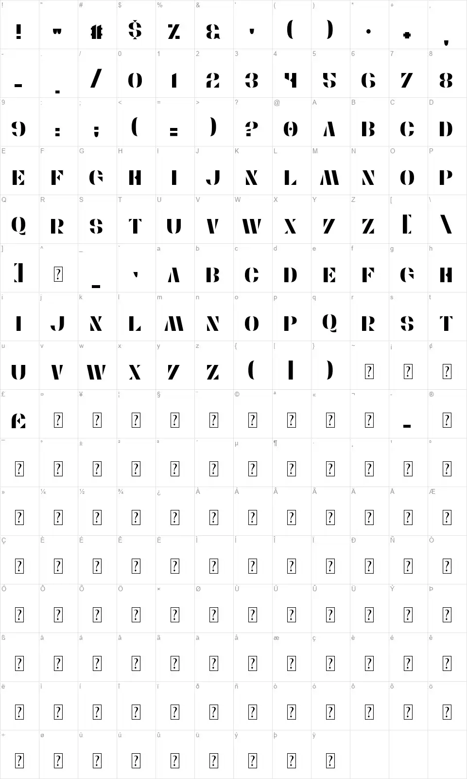 Stencylettefont character map