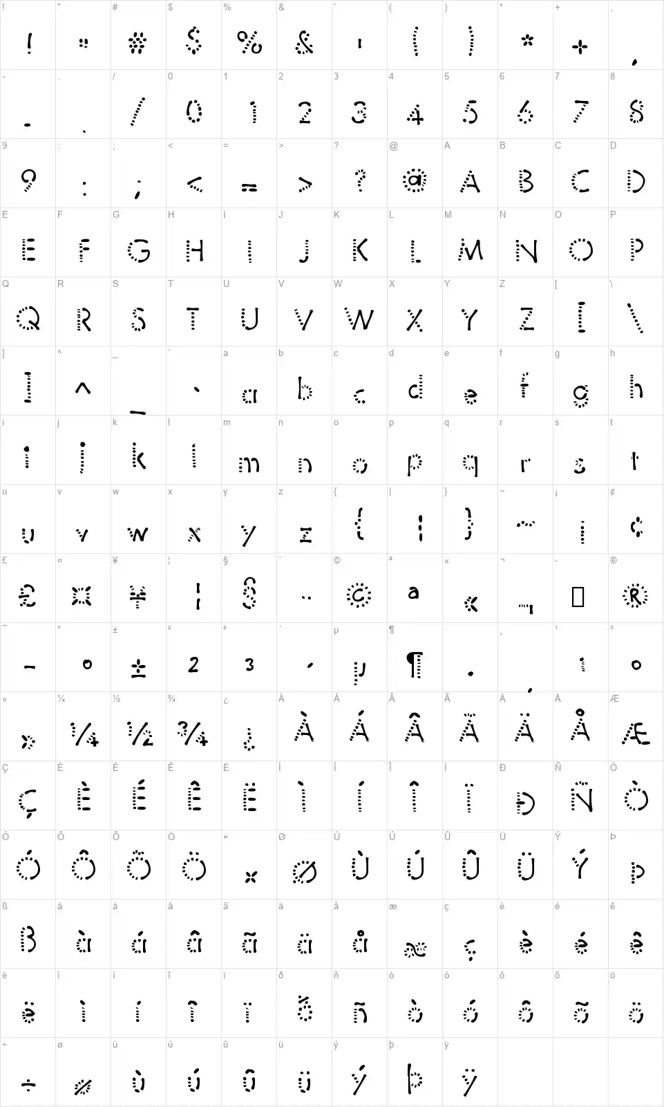 Sticks and Spotsfont character map