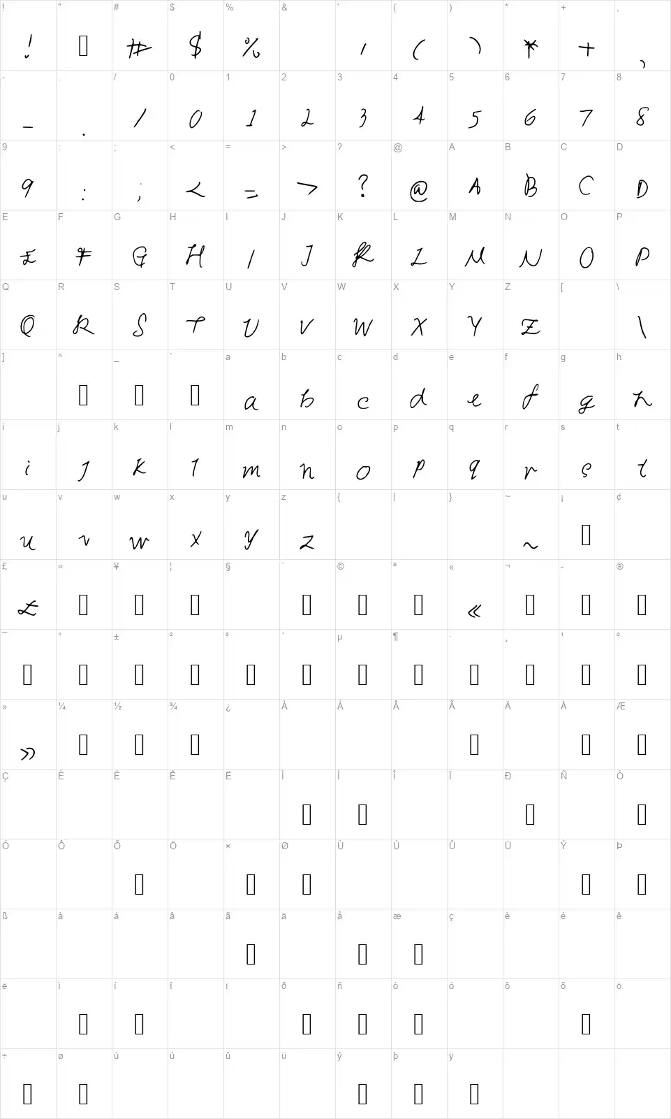 Sunshine Bluesfont character map
