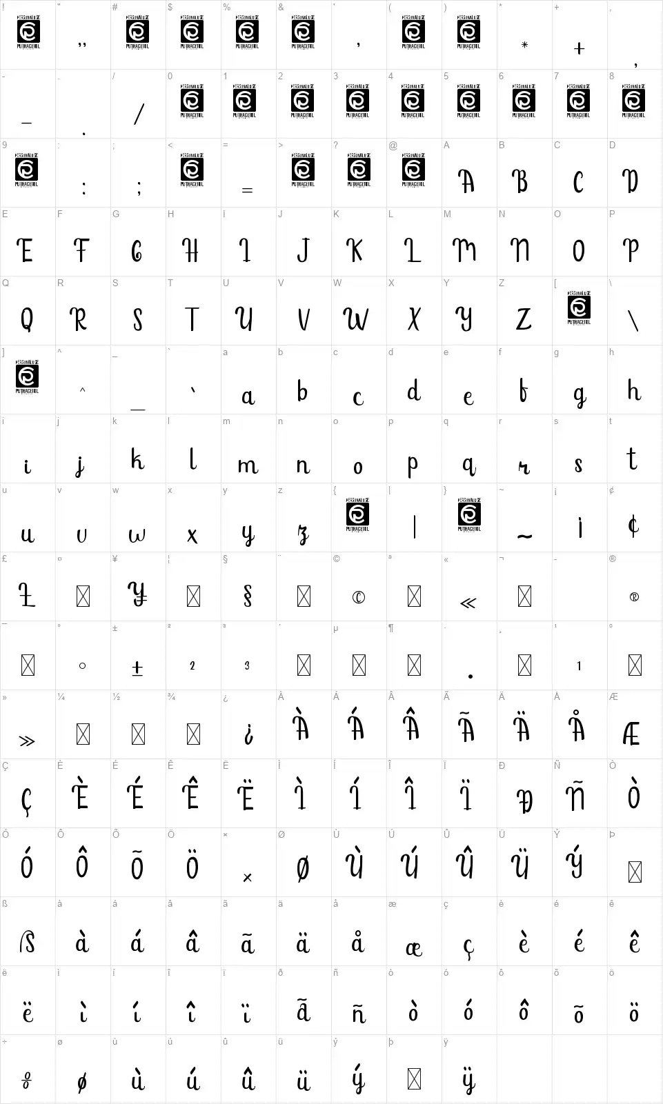 Sunshine Mindfont character map