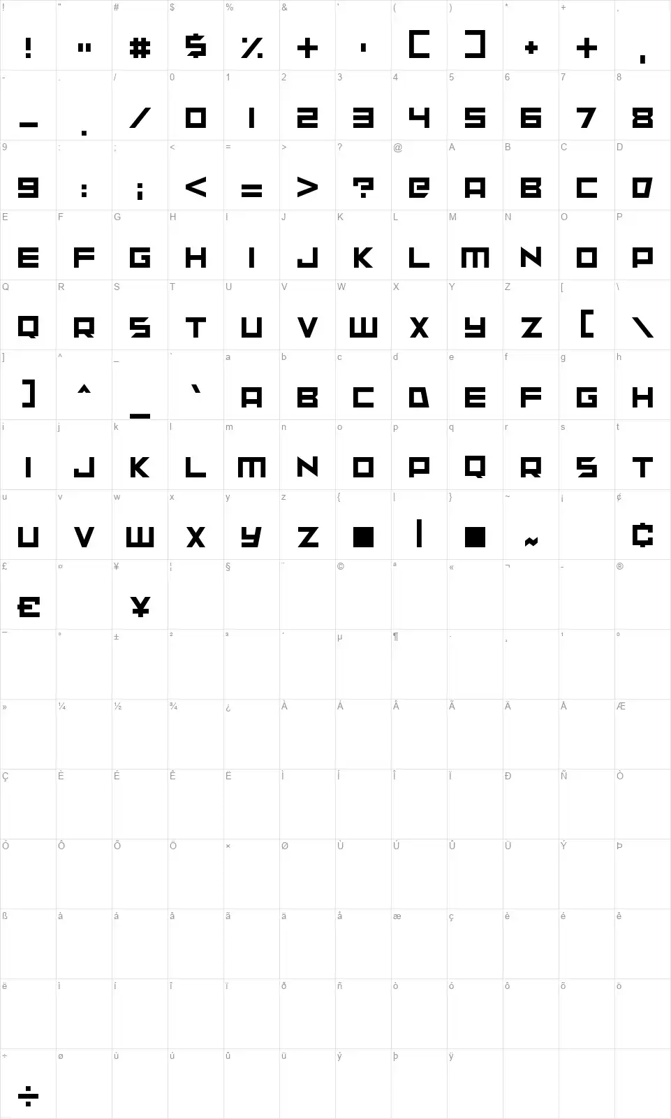 Sunspirefont character map