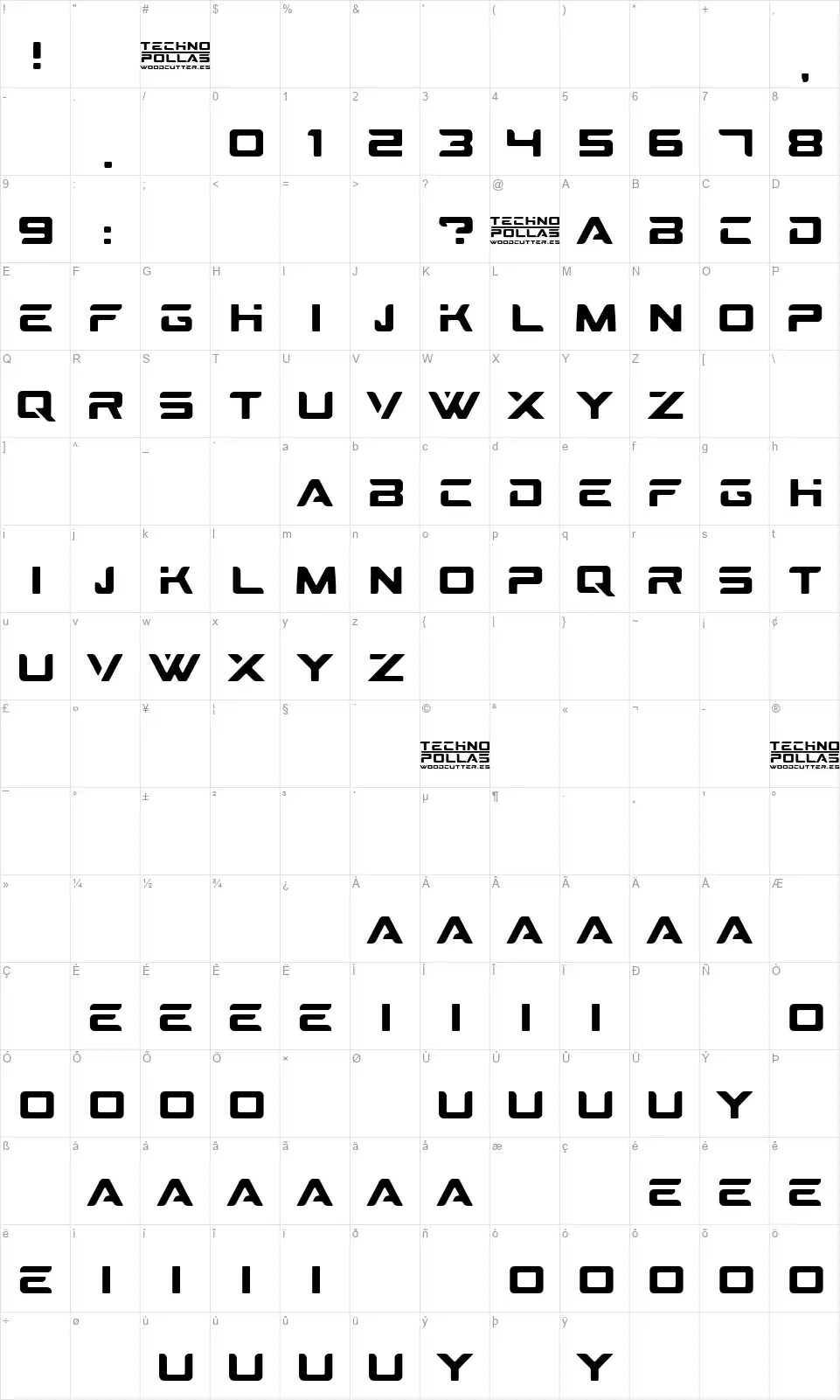 Technopollasfont character map