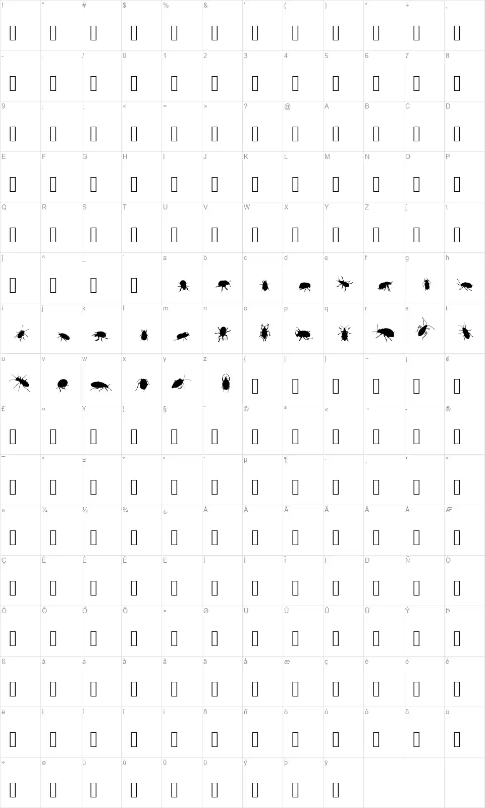 The Beetlesfont character map