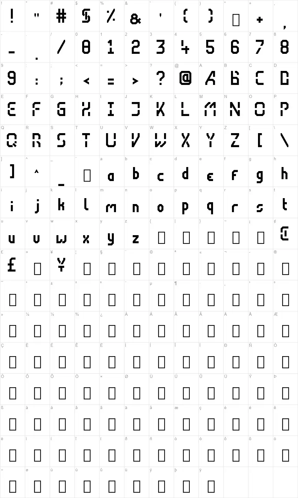 Velarahfont character map