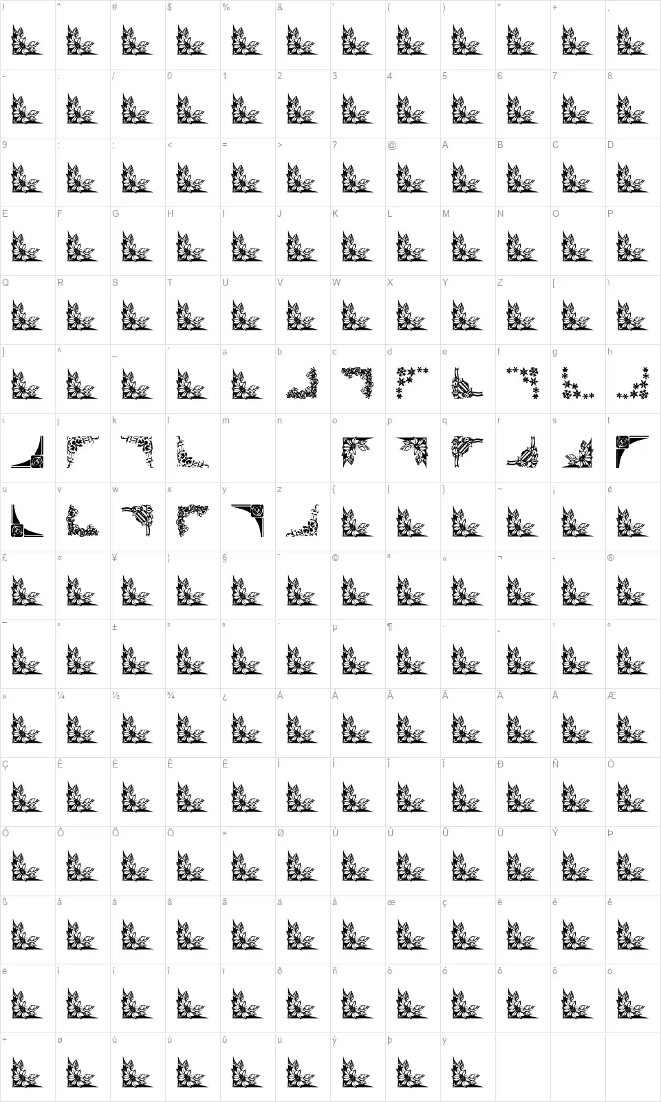 Vintage Decorative Cornersfont character map