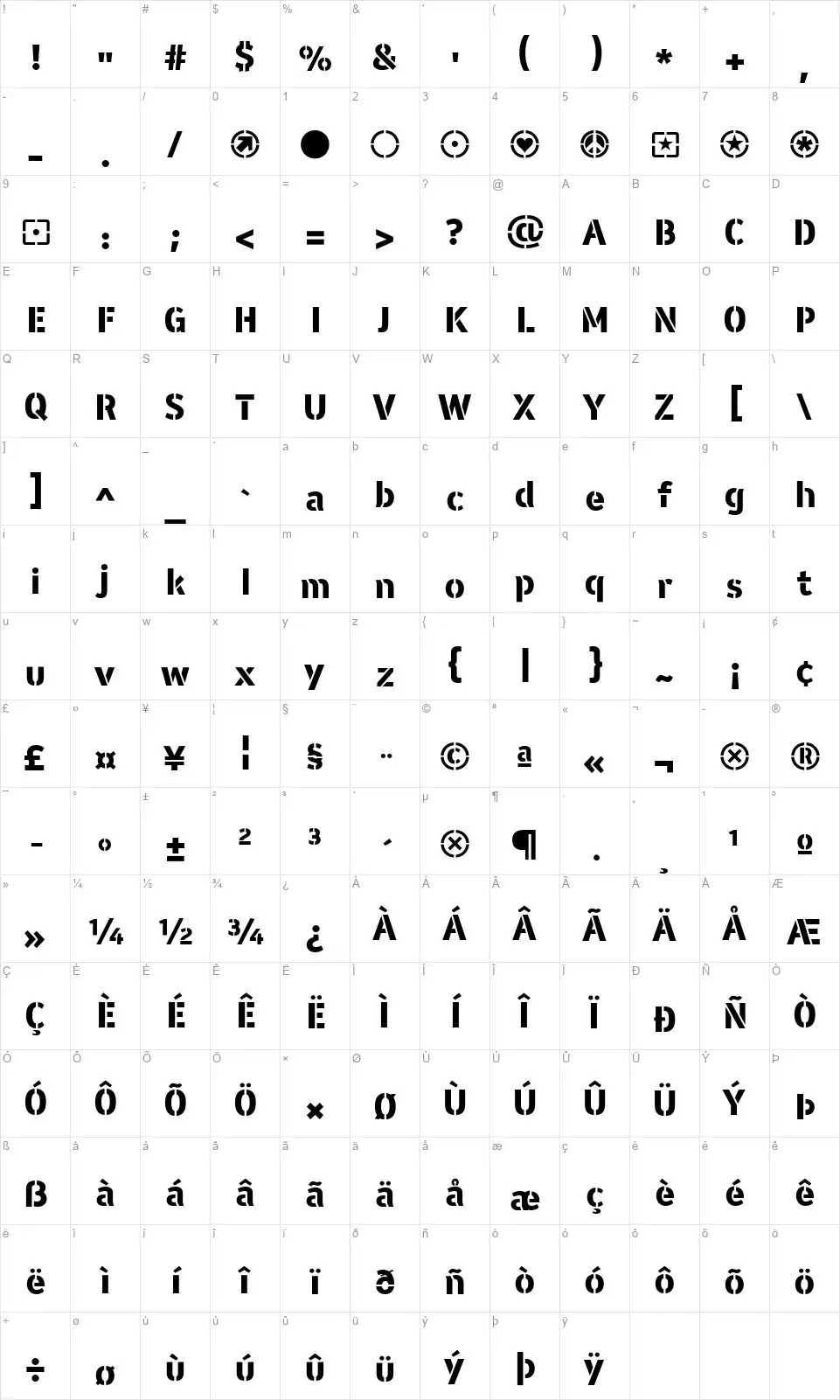 WARFIELD Stencilfont character map