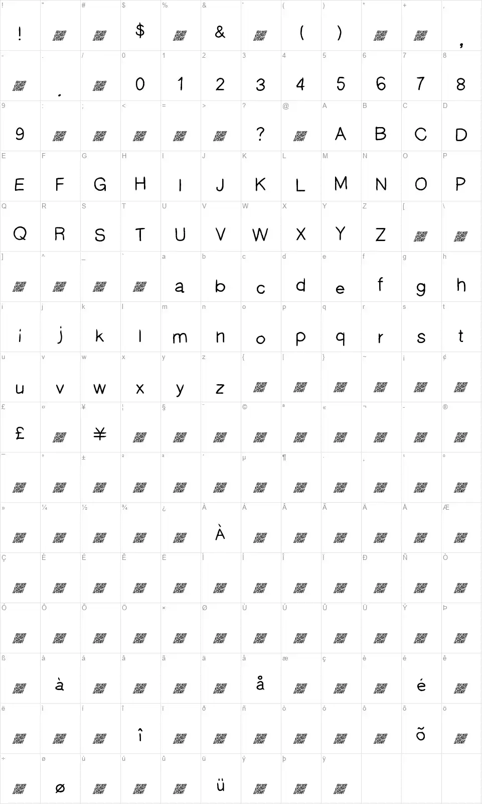 Wild Thangfont character map