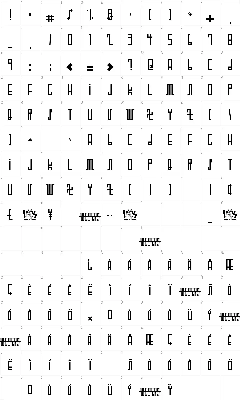 Woodcutter Futurefont character map