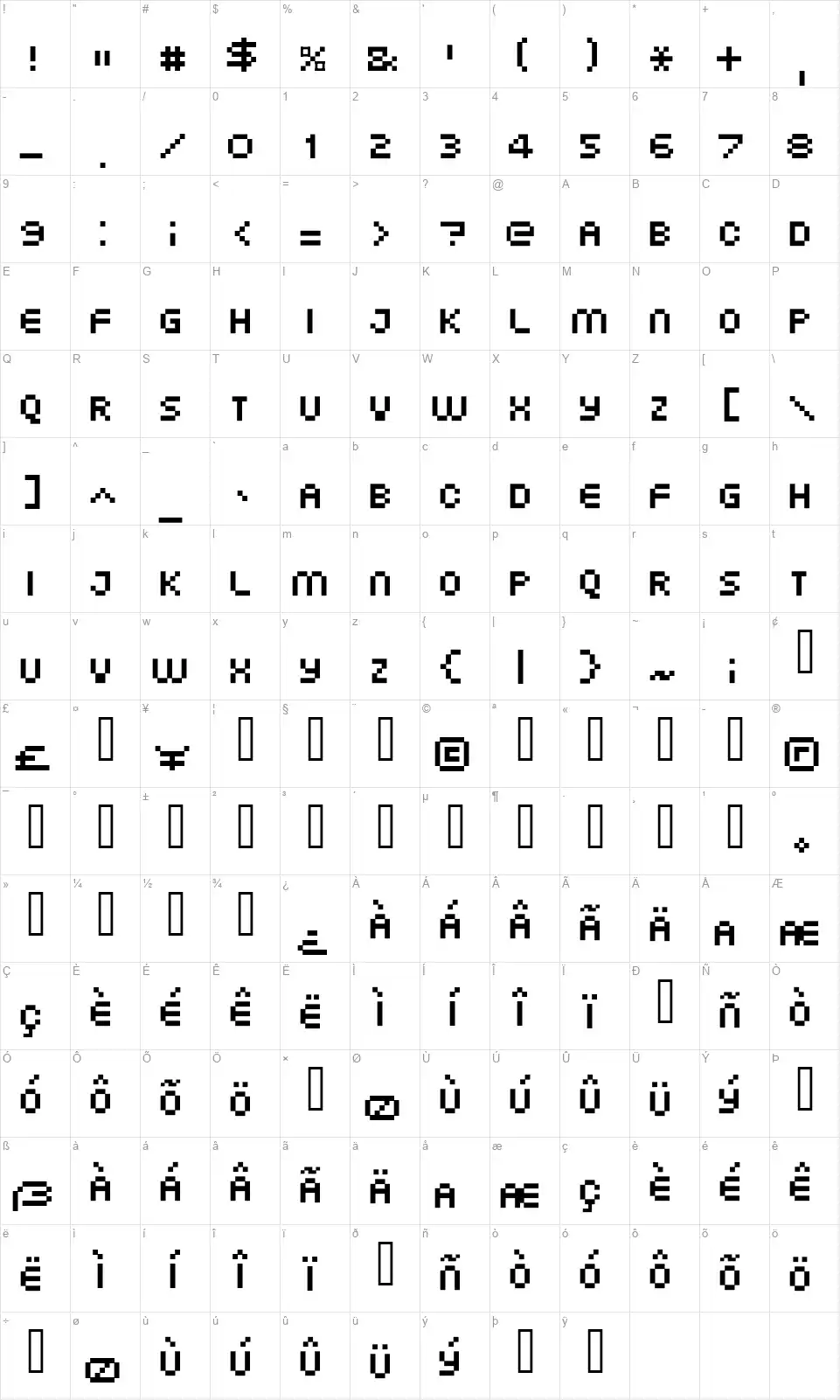 XG Pixofont character map