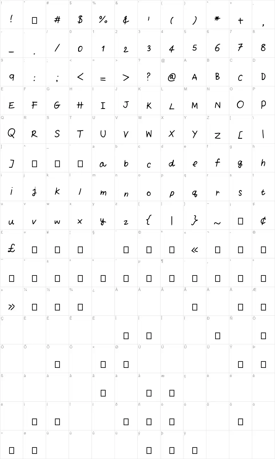 Yui Messy Handfont character map