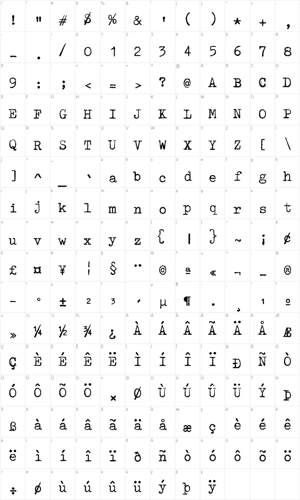 zai Triumph Typewriterfont character map