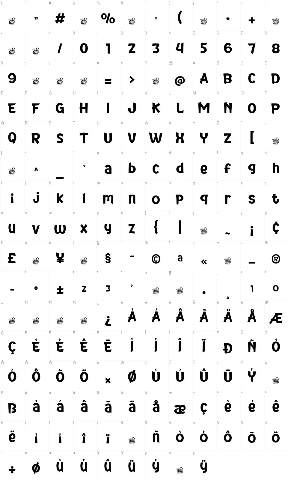Zekilofont character map